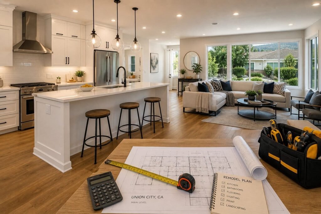 Modern renovated home interior showing kitchen and living room remodel in Union City California representing home remodel cost guide and renovation pricing.